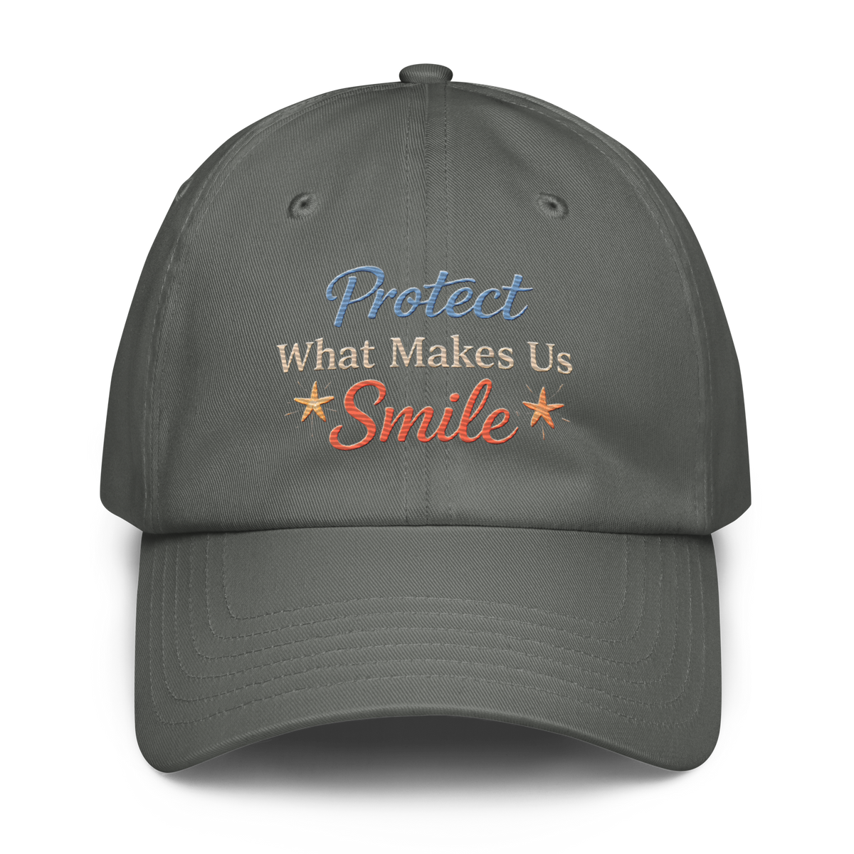 low profile embroidered hat with subtle message